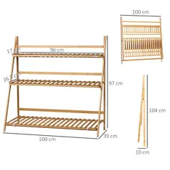 Outsunny 3-Tier Plant Stand, Plant Shelf Rack, Folding Bamboo Display Stand, 98x37x96.5cm, Natural - 3