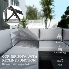 Outsunny 4 Pieces Garden Furniture Set, 5-Level Reclining Garden Corner Sofa Set, Outdoor Lounge Conversation Sectional with Cushions, Wood Effect Plastic Table, Black Frame & Light Grey Cushion - 6
