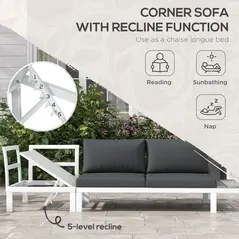 Outsunny 4 Pieces Garden Furniture Set, 5-Level Reclining Garden Corner Sofa Set, Outdoor Lounge Conversation Sectional with Cushions, Wood Effect Plastic Table, White Frame & Grey Cushion - 6