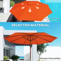 Outsunny 3m Wood Pole Parasol Umbrella - Orange - 4