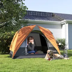 Outsunny 3-4 Person Camping Tent, Easy Set Up Waterproof Dome Tent with Sewn-in Groundsheet, Mesh Windows, Pocket and Hook for Camping, Hiking, Backpacking, Orange and Grey - 2