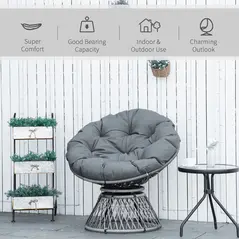 Outsunny 360° Swivel Rattan Papasan Moon Bowl Chair Round Lounge Garden Wicker Basket Seat with Padded Cushion Oversized for Outdoor Indoor, Grey - 7