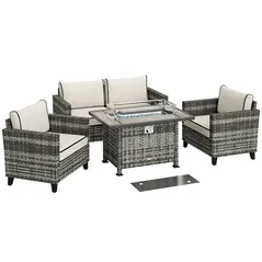 Outsunny 5-Piece Rattan Patio Furniture Set with Gas Fire Pit Table, Loveseat Sofa, Armchairs, Cushions, Pillows, Grey - 1