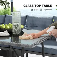 Outsunny 6 Piece Rattan Garden Furniture Set, 8 Seater Garden Corner Sofa with Cushions and Glass Top Table, Sectional Outdoor Furniture Conservatory Set for Patio, Charcoal Grey - 7