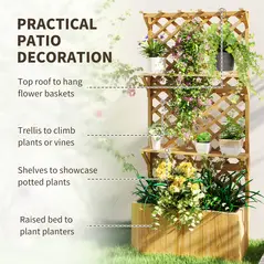 Outsunny 52L Wooden Planter, with Trellis and Shelves - Natural Finish - 4