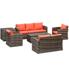 Outsunny 6 Pieces Rattan Garden Furniture Set, 7 Seater Wicker Outdoor Furniture Set with Storage Tea Table & Side Table, Sectional Garden Sofa Set with Cushions, Orange - 1