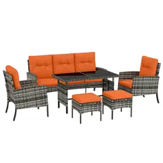 Outsunny 6 Pieces Rattan Garden Furniture Set with Dining Table and Cushions, Orange - 1