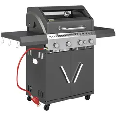 Outsunny 4+1 Burner Gas BBQ Grill with Clear View Lid, Portable Gas Barbecue Grill with Built-in Thermometer, Side Table, Cabinet, Wheels, Grease Tray for Garden Party Outdoor Cooking, Black - 1