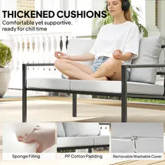 Outsunny 5 Piece Metal Garden Furniture Sofa Set with Thickened Cushions, Loveseat, 2 Armchairs, 2 Coffee Tables, Light Grey - 5