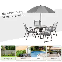 Outsunny 6 Piece Garden Dining Set with Umbrella, Outdoor Dining Sets with Parasol, 4 Folding Dining Chairs & Round Tempered Glass Table, Grey - 7
