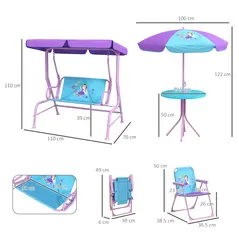 Outsunny 4PCs Kids Garden Furniture Set w/ 2 Seater Garden Swing Chair with Adjustable Canopy, Childrens Table and Chair Set with Parasol, for Toddler Girls 3-6 Years Old - 3