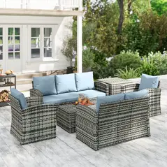 Outsunny 6 Pieces Rattan Garden Furniture Set, 7 Seater Wicker Outdoor Furniture Set with Storage Tea Table & Side Table, Sectional Garden Sofa Set with Cushions, Grey - 8