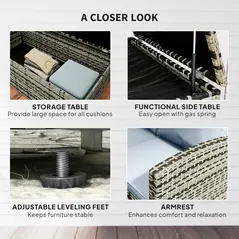 Outsunny 6 Pieces Rattan Garden Furniture Set, 7 Seater Wicker Outdoor Furniture Set with Storage Tea Table & Side Table, Sectional Garden Sofa Set with Cushions, Grey - 6