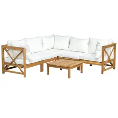 Outsunny 6 PCS Elegant Wood Frame Outdoor Patio Dining Set w/ Cushions Coffee Table Garden Furniture Sofa Comfort Balcony Patio Cream White - 1