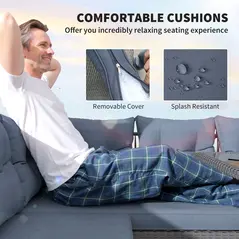 Outsunny 6 Piece Rattan Garden Furniture Set, 8 Seater Garden Corner Sofa with Cushions and Glass Top Table, Sectional Outdoor Furniture Conservatory Set for Patio, Charcoal Grey - 6