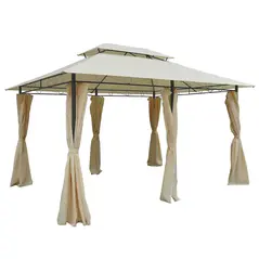 Outsunny 4m x 3(m)Garden Gazebo, Double Roof Outdoor Gazebo Canopy Shelter with Curtains, Solid Steel Frame for Lawn and Deck, Beige - 1