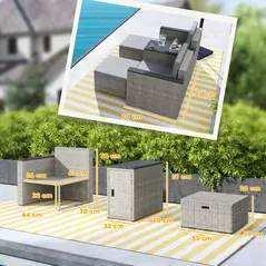 Outsunny 5 Piece Rattan Garden Furniture Set, Nesting Outdoor Furniture Conversation Set with 2 Footstools, WPC Storage Coffee Table and Cushions, Wicker Garden Sofa for Conservatory, Terrace, Grey - 3