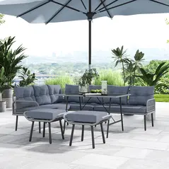 Outsunny 6 Piece Rattan Garden Furniture Set, 8 Seater Garden Corner Sofa with Cushions and Glass Top Table, Sectional Outdoor Furniture Conservatory Set for Patio, Charcoal Grey - 8