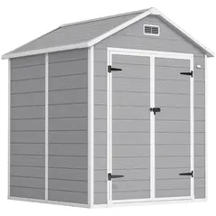 Outsunny 6 x 5ft Garden Shed, Plastic Shed with Floor, Window, Lockable Doors and Vents, Wood Effect Resin Tool Shed for Outdoor Patio, Dark Grey - 1