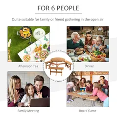 Outsunny 6 Seater Wooden Picnic Table and Garden Benches Set, Round Garden Dining Set with 3 Benches and Umbrella Hole Outdoor Garden Park, Brownish Red - 7