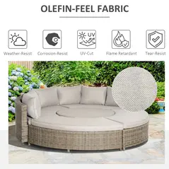 Outsunny 5 Pieces Outdoor PE Rattan Round Garden Daybed with Cushions, Aluminium Patio Furniture Set Lounge Chair Conversation Sofa Set with Liftable Coffee Table and Protect Cover, Grey - 7