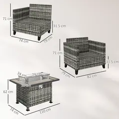 Outsunny 5-Piece Rattan Patio Furniture Set with Gas Fire Pit Table, Loveseat Sofa, Armchairs, Cushions, Pillows, Grey - 3