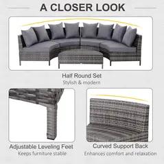 Outsunny 5 Pieces Rattan Garden Furniture Set, 4 Seater Half-Round Garden Sofa Set with Thickened Cushions, Wicker Conservatory Furniture with 4 Chairs, Rattan Coffee Table and Pillows, Grey - 6