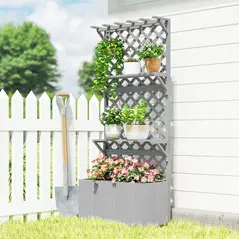 Outsunny 52L Wooden Planter, with Trellis and Shelves - Grey - 9