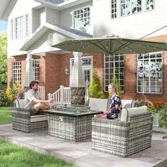 Outsunny 5-Piece Rattan Patio Furniture Set with Gas Fire Pit Table, Loveseat Sofa, Armchairs, Cushions, Pillows, Grey - 9