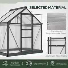 Outsunny 6 x 4ft Polycarbonate Greenhouse, Large Walk-In Green House with Slide Door and Window, Garden Plants Grow House with Aluminium Frame and Foundation, Grey - 5