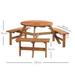 Outsunny 6 Seater Wooden Picnic Table and Garden Benches Set, Round Garden Dining Set with 3 Benches and Umbrella Hole Outdoor Garden Park, Brownish Red - 3