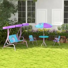 Outsunny 4PCs Kids Garden Furniture Set w/ 2 Seater Garden Swing Chair with Adjustable Canopy, Childrens Table and Chair Set with Parasol, for Toddler Girls 3-6 Years Old - 8