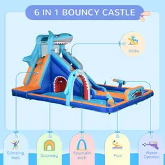 Outsunny 6 in 1 Shark-Themed Bouncy Castle, Inflatable Water Park, with Slide, Pool, Trampoline, Blower, for Ages 3-8 Years - 4
