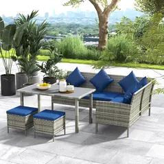 Outsunny 5 Pieces Rattan Garden Furniture Set with Dining Table, Cushions - Dark Blue - 2