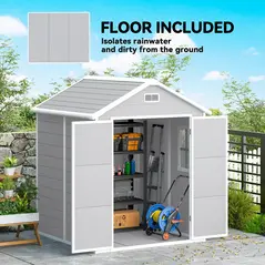 Outsunny 6 x 5ft Garden Shed, Plastic Shed with Floor, Window, Lockable Doors and Vents, Wood Effect Resin Tool Shed for Outdoor Patio, Light Grey - 6