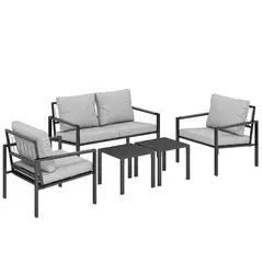 Outsunny 5 Piece Metal Garden Furniture Sofa Set with Thickened Cushions, Loveseat, 2 Armchairs, 2 Coffee Tables, Light Grey - 1