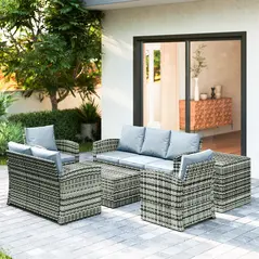 Outsunny 6 Pieces Rattan Garden Furniture Set, 7 Seater Wicker Outdoor Furniture Set with Storage Tea Table & Side Table, Sectional Garden Sofa Set with Cushions, Grey - 9