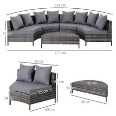 Outsunny 5 Pieces Rattan Garden Furniture Set, 4 Seater Half-Round Garden Sofa Set with Thickened Cushions, Wicker Conservatory Furniture with 4 Chairs, Rattan Coffee Table and Pillows, Grey - 3