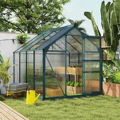 Outsunny 6 x 8ft Polycarbonate Greenhouse, Large Walk-In Green House with Slide Door and Window, Garden Plants Grow House with Aluminium Frame and Foundation, Dark Green - 2
