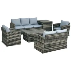 Outsunny 6 Pieces Rattan Garden Furniture Set, 7 Seater Wicker Outdoor Furniture Set with Storage Tea Table & Side Table, Sectional Garden Sofa Set with Cushions, Grey - 1
