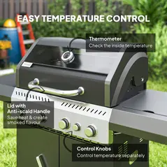 Outsunny 4+1 Burner Gas BBQ Grill with Clear View Lid, Portable Gas Barbecue Grill with Built-in Thermometer, Side Table, Cabinet, Wheels, Grease Tray for Garden Party Outdoor Cooking, Black - 6