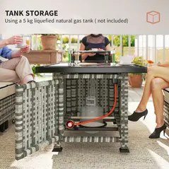 Outsunny 5-Piece Rattan Patio Furniture Set with Gas Fire Pit Table, Loveseat Sofa, Armchairs, Cushions, Pillows, Grey - 5