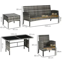 Outsunny 5 Seater Rattan Garden Furniture Set, 2 Armchairs, 3-Seater Wicker Sofa, 2 Footstools and Glass Table, 6 Piece Patio Rattan furniture Sofa Sets with Cushions for Conservatory, Mixed Grey - 3