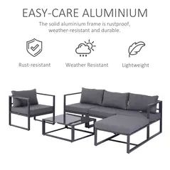 Outsunny 6 PCs Outdoor Indoor Sectional Sofa Set Thick Padded Cushions Aluminium Frame 5 Seaters 1 Coffee Table Footrest Grey - 4