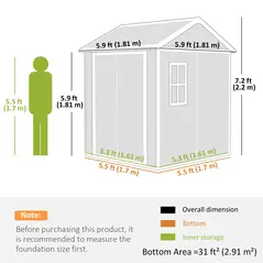 Outsunny 6 x 6ft Garden Shed with Floor, Window, Lockable Doors and Vents, Wood Effect Resin Tool Shed for Outdoor Patio, Grey - 3