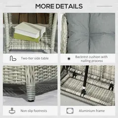 Outsunny 5 Pieces Rattan Bistro Set with Adjustable Back, Reclining Wicker Balcony Furniture with Cushions, Glass Top Coffee Table and Footstools, Outdoor Table and Chairs, Grey - 7