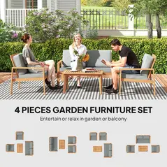 Outsunny 4-Piece Wooden Garden Furniture Set with Cushions - Teak - 4