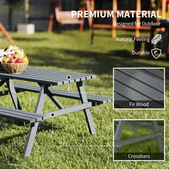 Outsunny 6 Seater Wooden Picnic Table Bench for Outdoor Garden or Patio with Parasol Cutout 150 cm Grey - 5