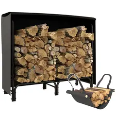Outsunny 4FT Firewood Rack with Canvas Carrier Bag and 600D Oxford Waterproof Cover, Metal Log Store Indoors, Log Storage Rack Holder for Outdoor Indoor Fireplace, Black - 1