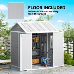 Outsunny 6 x 6ft Garden Shed with Floor, Window, Lockable Doors and Vents, Wood Effect Resin Tool Shed for Outdoor Patio, Grey - 6